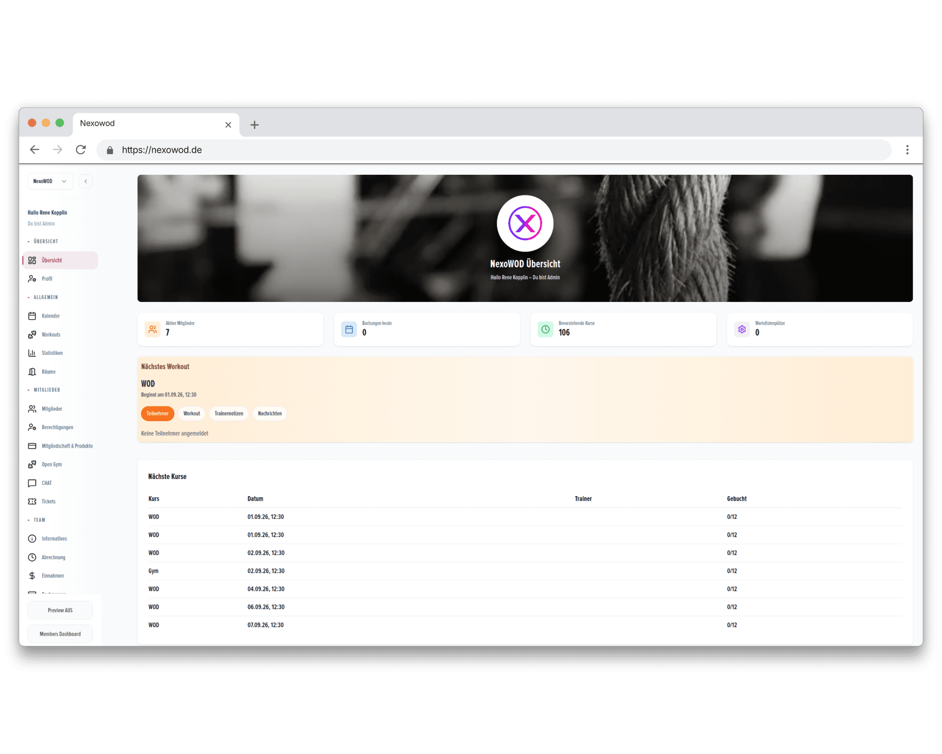 NexoWOD CrossFit Software Dashboard für Box Management